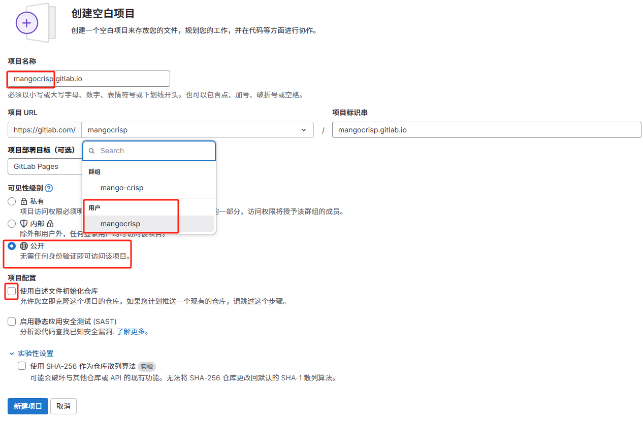 gitlab 创建空白项目